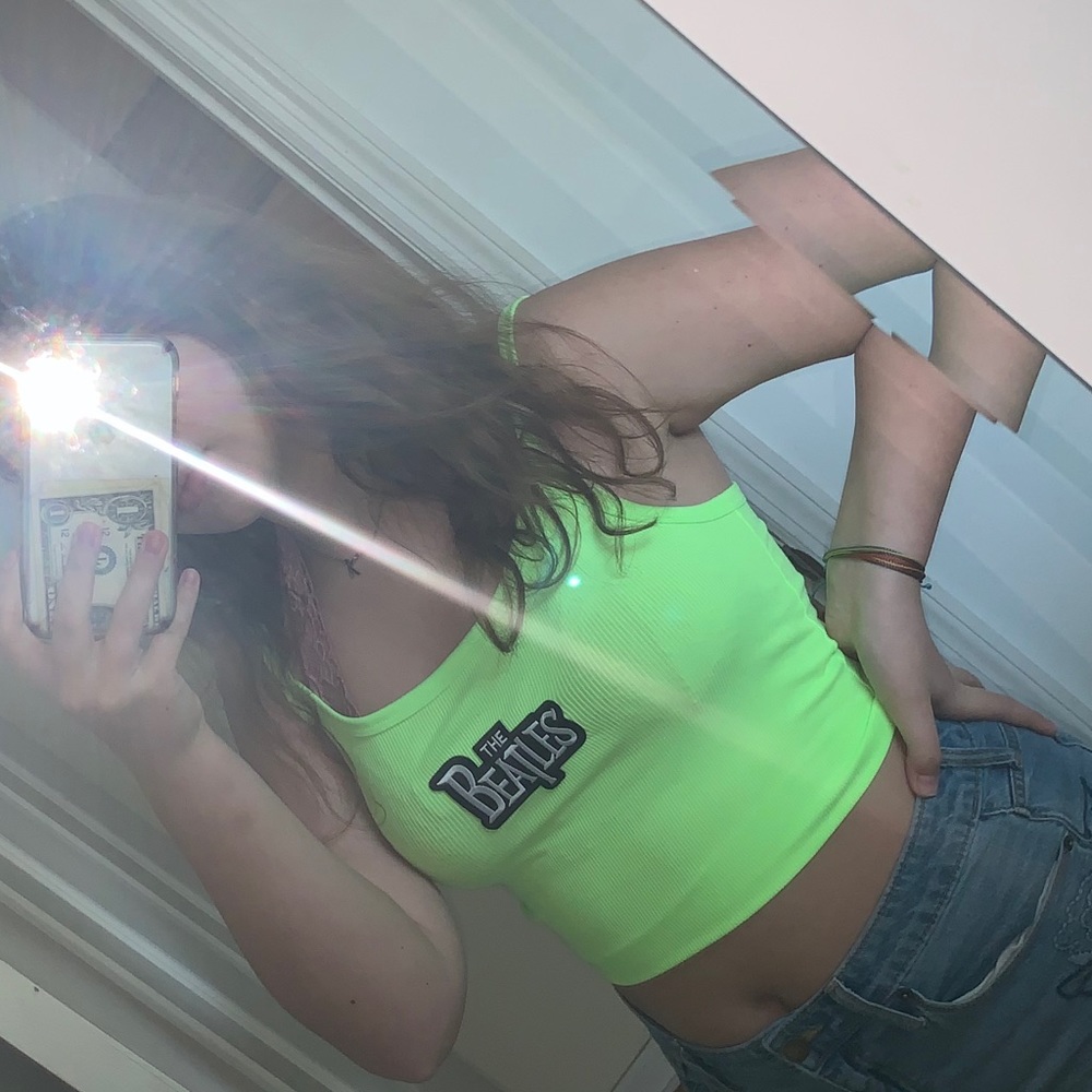 cropped neon green tank top with the Beatles logo